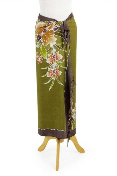Alternate image for Handmade Olive Green Rayon Sarong with Floral Motif Autumn Cattleya