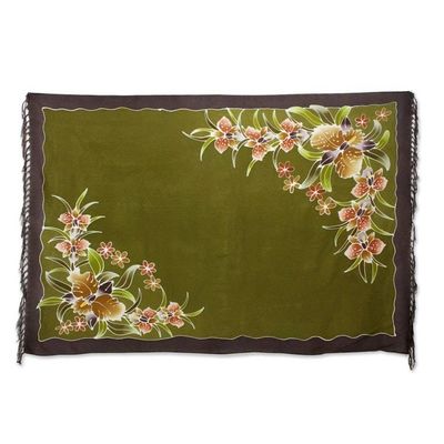 Alternate image for Handmade Olive Green Rayon Sarong with Floral Motif Autumn Cattleya
