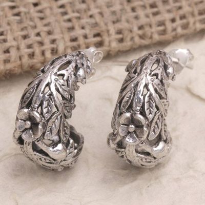 Alternate image for Sterling Silver Leaf and Flower Half-Hoop Earrings from Bali The Leaf Crown