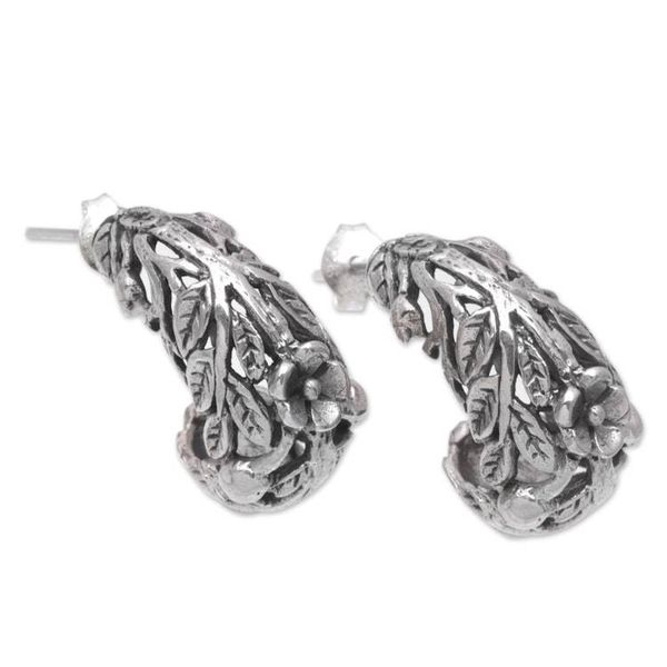 Alternate image for Sterling Silver Leaf and Flower Half-Hoop Earrings from Bali The Leaf Crown