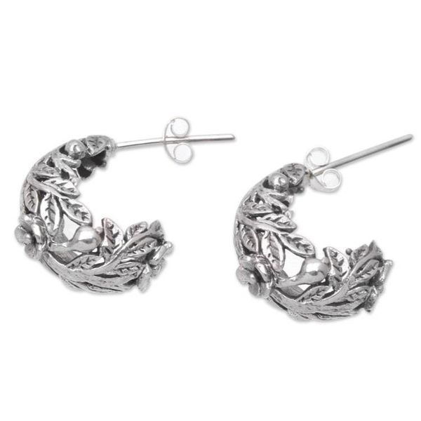 Alternate image for Sterling Silver Leaf and Flower Half-Hoop Earrings from Bali The Leaf Crown