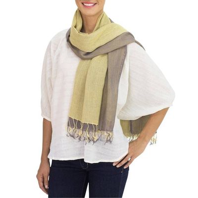 Alternate image for Hand-woven 2-in-1 Cotton Reversible Scarf Grey Yellow Duet