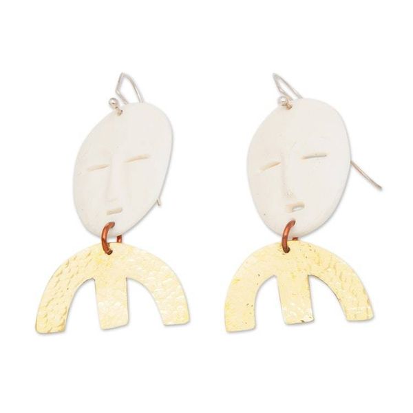 Alternate image for Traditional Balinese Mask-Shaped Brass Dangle Earrings Deity Mask