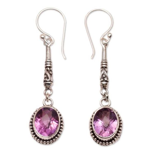 Alternate image for Oval Amethyst and Silver Dangle Earrings from Bali Temple Translucence