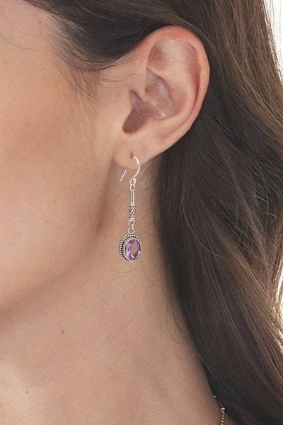 Alternate image for Oval Amethyst and Silver Dangle Earrings from Bali Temple Translucence