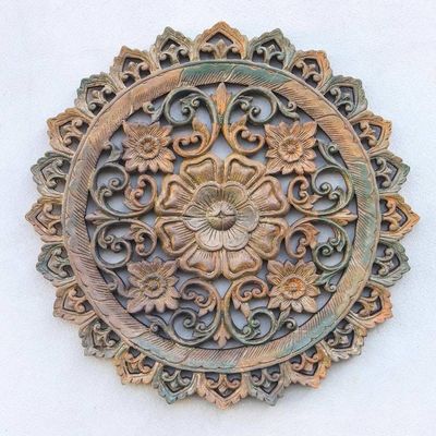 Primary image for Round Floral Teak Wood Relief Panel from Thailand In the Garden