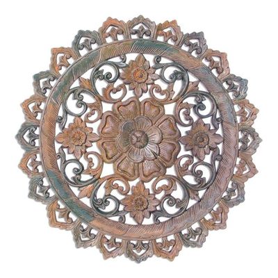 Alternate image for Round Floral Teak Wood Relief Panel from Thailand In the Garden