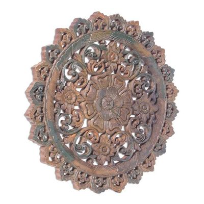 Alternate image for Round Floral Teak Wood Relief Panel from Thailand In the Garden