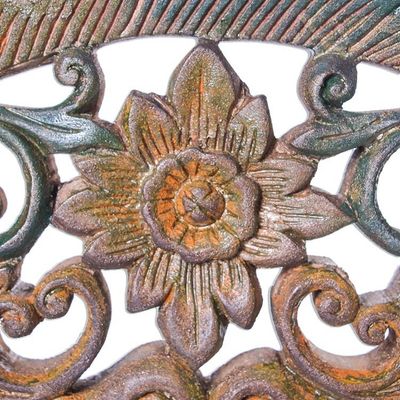 Alternate image for Round Floral Teak Wood Relief Panel from Thailand In the Garden