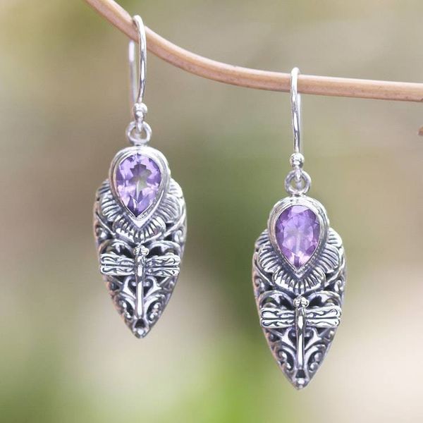 Alternate image for Amethyst Dragonfly Dangle Earrings from Bali Dragonfly Days