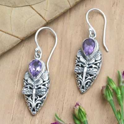 Alternate image for Amethyst Dragonfly Dangle Earrings from Bali Dragonfly Days