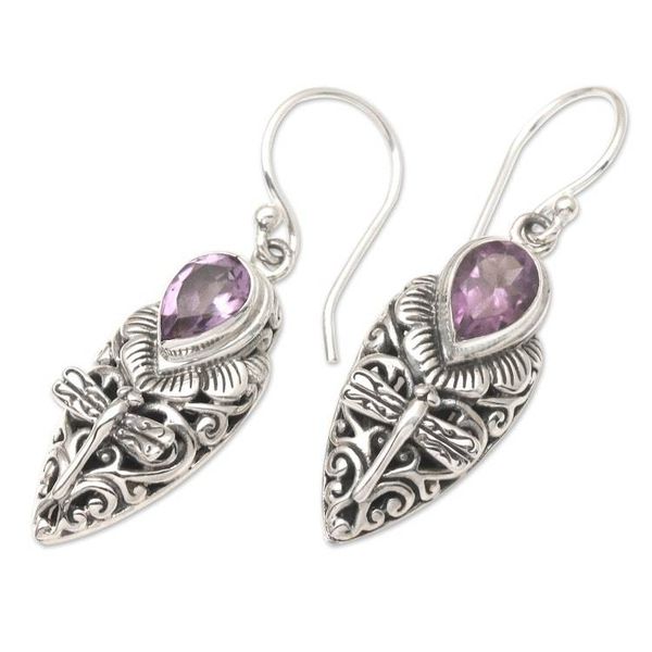Alternate image for Amethyst Dragonfly Dangle Earrings from Bali Dragonfly Days
