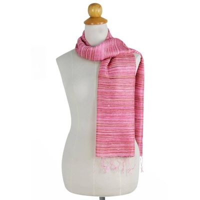 Alternate image for Thai Hand Woven Pink and Brown 100 Silk Scarf Rose Iridescence