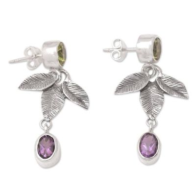 Alternate image for Sterling Silver Dangle Earrings with Peridot and Amethyst Forest Nobility