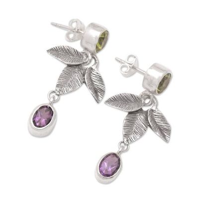 Alternate image for Sterling Silver Dangle Earrings with Peridot and Amethyst Forest Nobility
