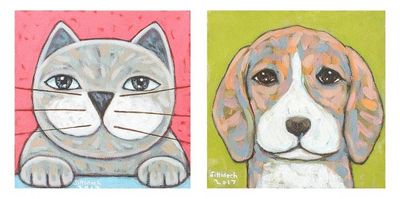 Primary image for Signed Naif Diptych of a Cat and a Dog from Thailand Best Friend
