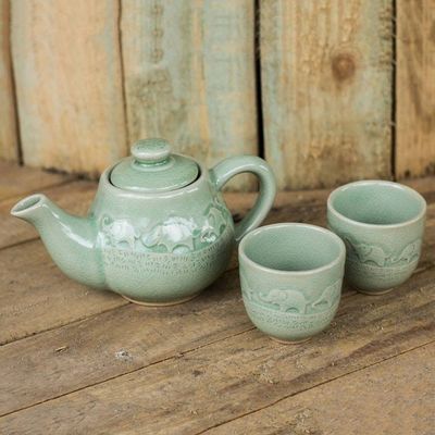 Alternate image for Light Green Ceramic Tea Set with Elephants Set for 2 Elephant Family