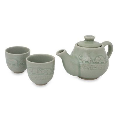 Alternate image for Light Green Ceramic Tea Set with Elephants Set for 2 Elephant Family