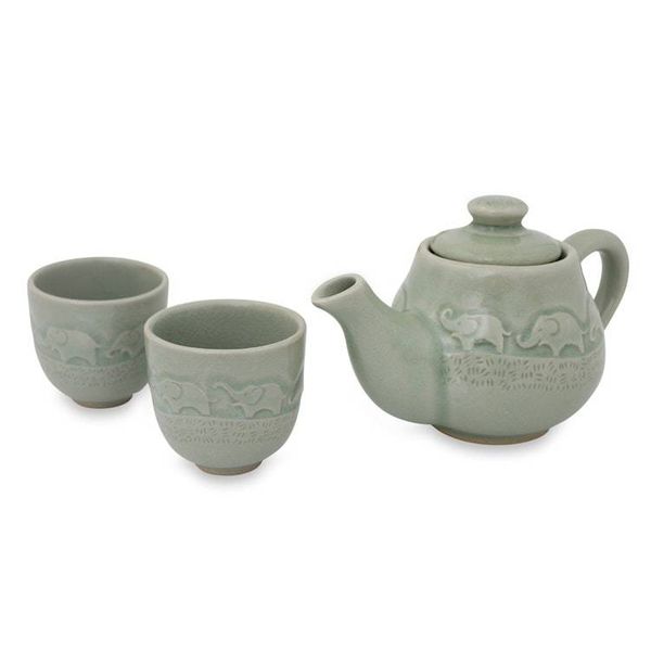 Alternate image for Light Green Ceramic Tea Set with Elephants Set for 2 Elephant Family