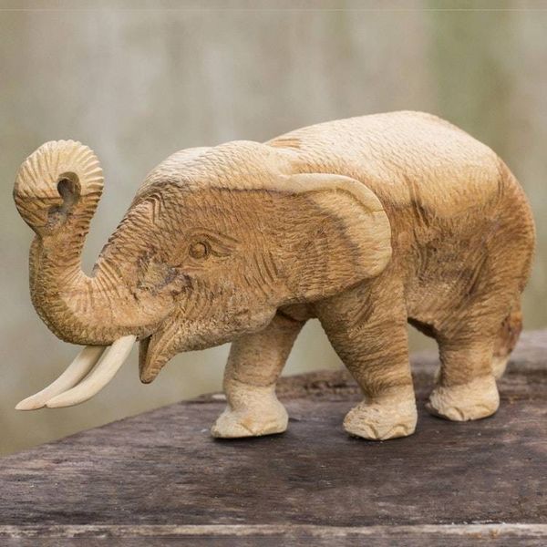 Alternate image for Hand Carved Teak Wood Elephant Statuette from Thailand Elephant Play