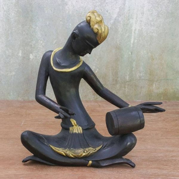Alternate image for Acacia Wood Sculpture of a Drummer 10 inch from Thailand Thai Drummer