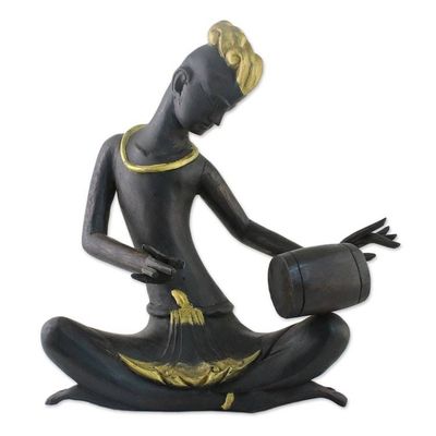 Alternate image for Acacia Wood Sculpture of a Drummer 10 inch from Thailand Thai Drummer