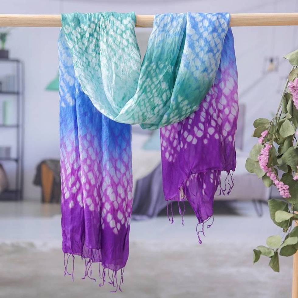 Tie-Dyed Purple Blue Green Batik Rayon and Silk Blend Scarf 'Lavender Fusion'
