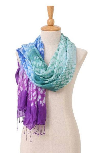 Alternate image for Tie-Dyed Purple Blue Green Batik Rayon and Silk Blend Scarf Lavender Fusion