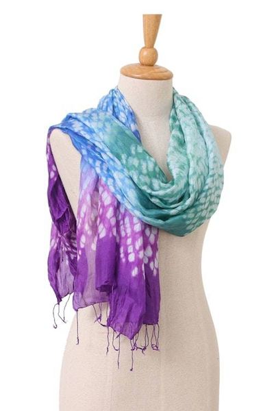 Alternate image for Tie-Dyed Purple Blue Green Batik Rayon and Silk Blend Scarf Lavender Fusion