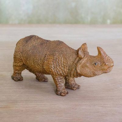 Primary image for Hand-Carved Raintree Wood Rhinoceros Sculpture Curious Rhino