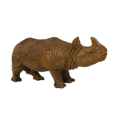 Alternate image for Hand-Carved Raintree Wood Rhinoceros Sculpture Curious Rhino