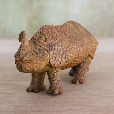 Alternate image for Hand-Carved Raintree Wood Rhinoceros Sculpture Curious Rhino