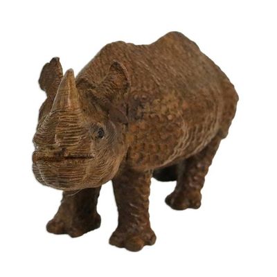Alternate image for Hand-Carved Raintree Wood Rhinoceros Sculpture Curious Rhino