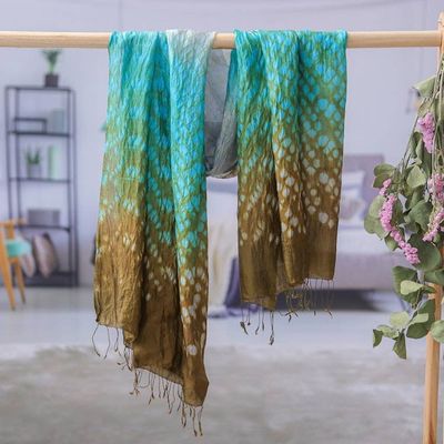 Primary image for Tie-Dyed Green Blue Grey Batik Rayon and Silk Blend Scarf Spring Fusion