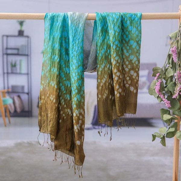 Alternate image for Tie-Dyed Green Blue Grey Batik Rayon and Silk Blend Scarf Spring Fusion