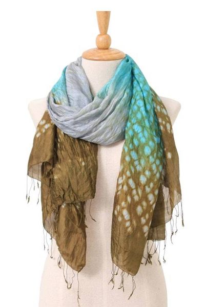 Alternate image for Tie-Dyed Green Blue Grey Batik Rayon and Silk Blend Scarf Spring Fusion