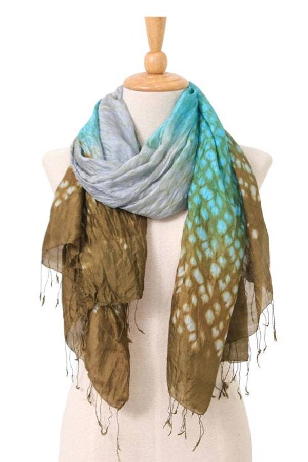 Alternate image for Tie-Dyed Green Blue Grey Batik Rayon and Silk Blend Scarf Spring Fusion