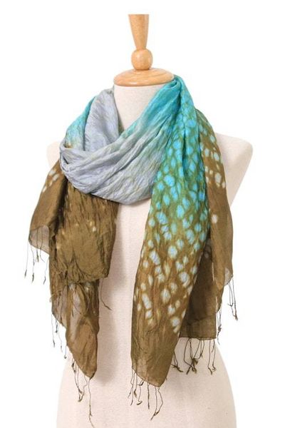 Alternate image for Tie-Dyed Green Blue Grey Batik Rayon and Silk Blend Scarf Spring Fusion