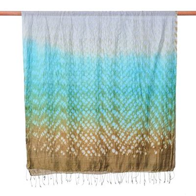 Alternate image for Tie-Dyed Green Blue Grey Batik Rayon and Silk Blend Scarf Spring Fusion
