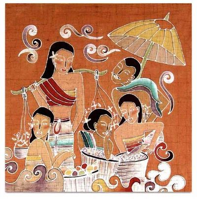 Alternate image for Unique Batik Cotton Wall Hanging At the Market