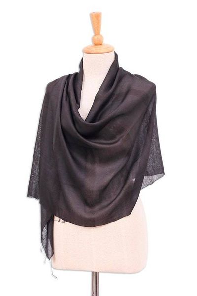 Alternate image for Hand-Dyed Black Fringed Batik Silk and Cotton Blend Scarf Posh Flair