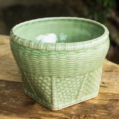 Alternate image for Woven Look Ceramic Vase in Green Celadon Glaze Large Basket