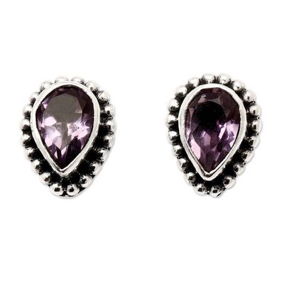 Alternate image for Sterling Silver Stud Earrings with Pear-Shaped Amethyst Gem Delighted Heart in Purple