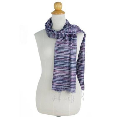 Alternate image for Hand Spun Silk Scarf Woven in Purple Blue and Grey Purple Iridescence