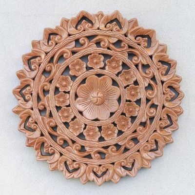 Alternate image for Brown Floral Teak Wood Relief Panel from Thailand Radiant Flowers