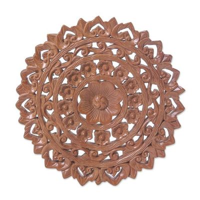 Alternate image for Brown Floral Teak Wood Relief Panel from Thailand Radiant Flowers