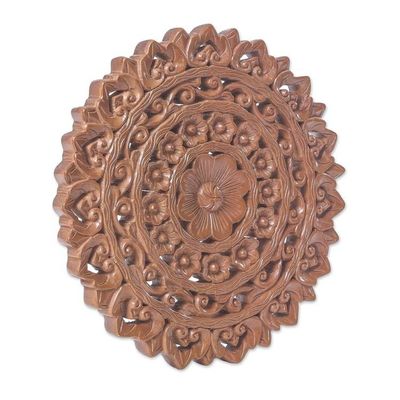 Alternate image for Brown Floral Teak Wood Relief Panel from Thailand Radiant Flowers