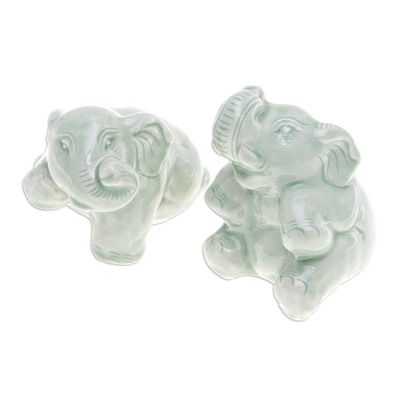 Alternate image for Pair of Celadon Ceramic Elephant Figurines in Green Green Elephant Cheer