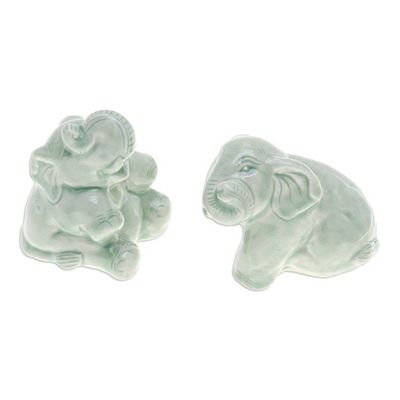 Alternate image for Pair of Celadon Ceramic Elephant Figurines in Green Green Elephant Cheer