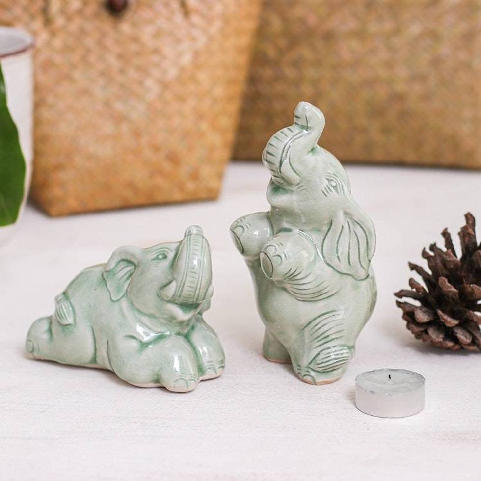 2 Green Celadon Ceramic Elephant Figurines from Thailand 'Green Elephant Joy'